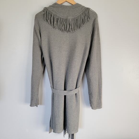 J Jill Fringe Open Cardigan Gray Tie Waist Sz L Western Neutral Cowgirl Office - Picture 3 of 8